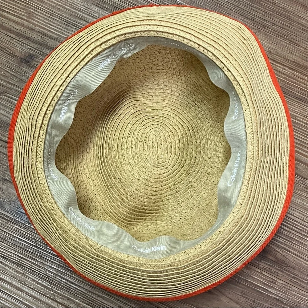 Summer Beach Designer Calvin Klein Straw Fedora Hat One Size Natural Orange NEW